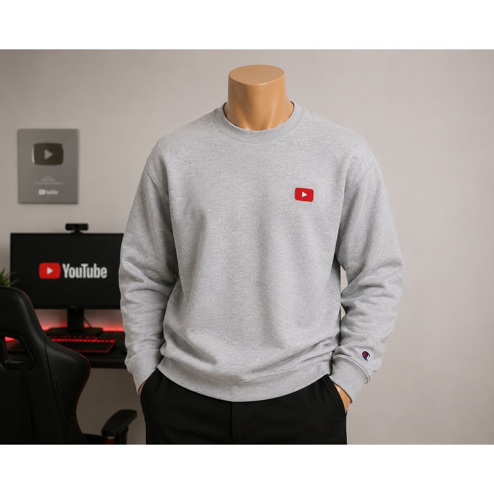 Champion YouTube Logo Gray Crewneck Sweatshirt Unisex Small Heathered Fleece